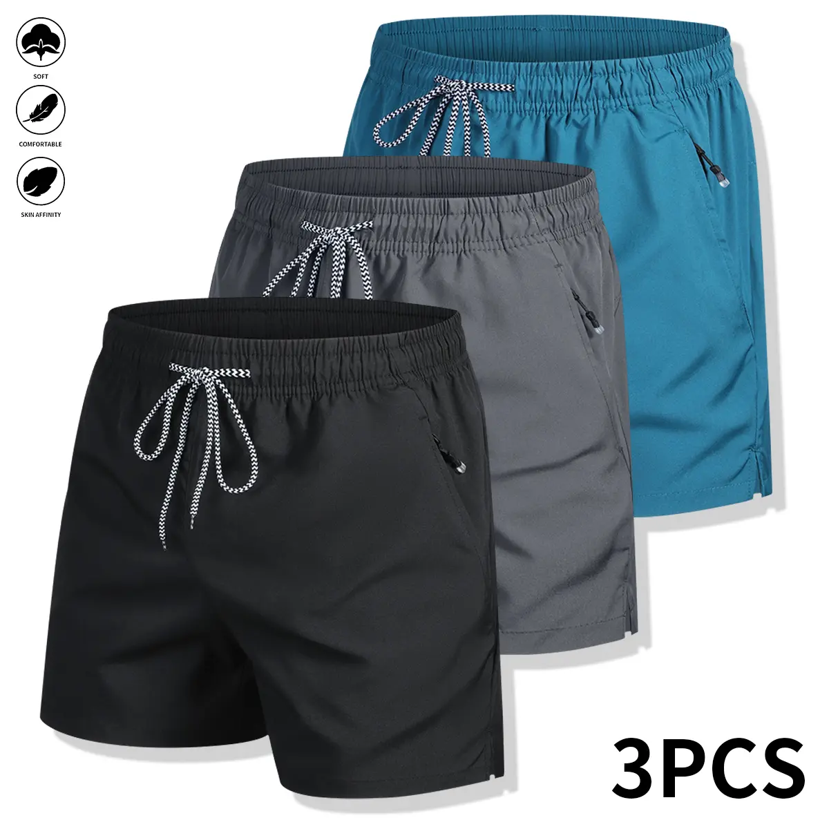 Men’s 3-Piece Quick-Dry Sports Shorts Set - Fitted Design Activewear, Sports Clothing, Athletic Apparel, Casual Sportswear Outfit - Drawstring, Zippered Pockets for Summer Beach, Casual Outdoor Use