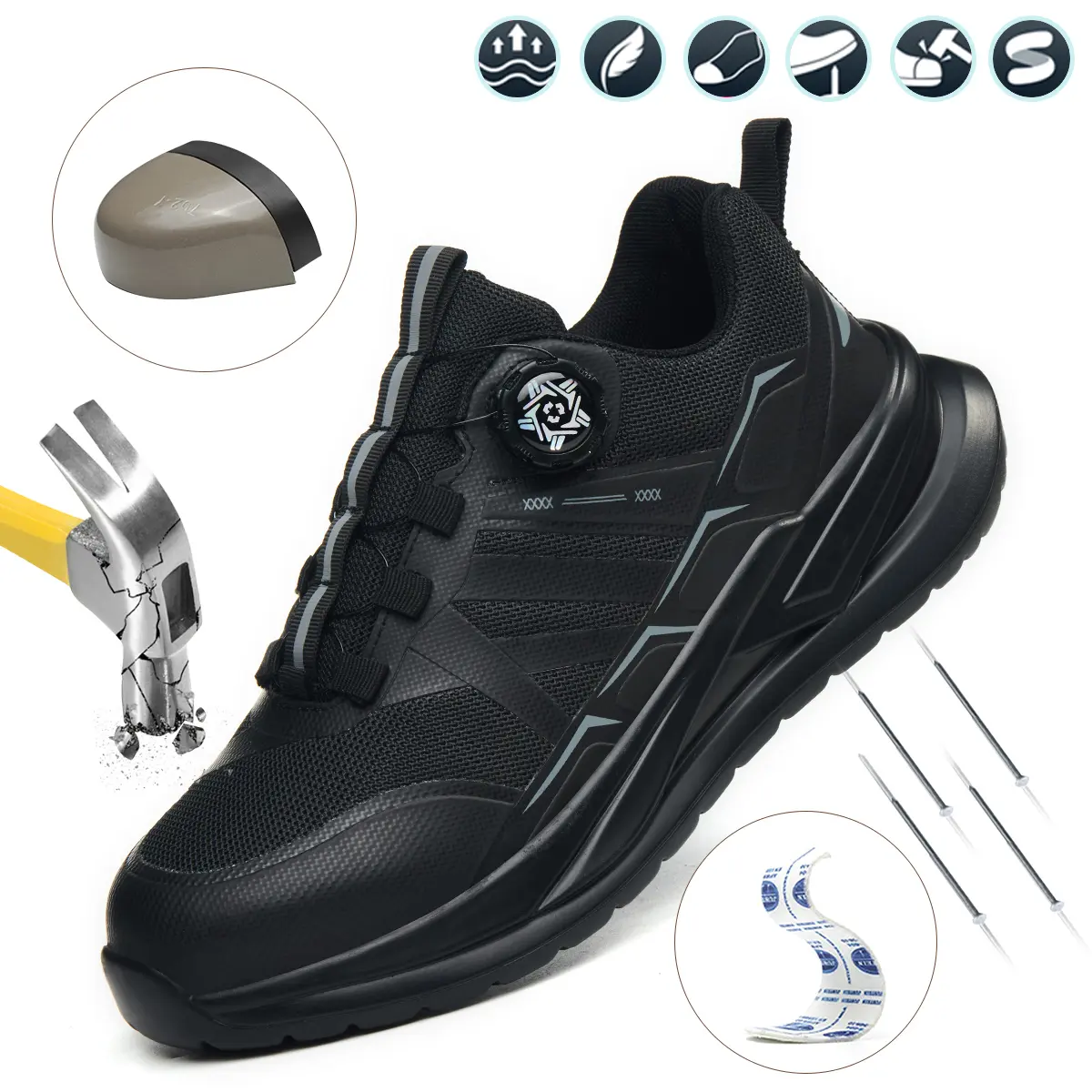 Men’s lightweight, breathable steel-toe safety shoes with anti-puncture protection, non-slip soles, shock absorption, a convenient buckle, all-season work boots