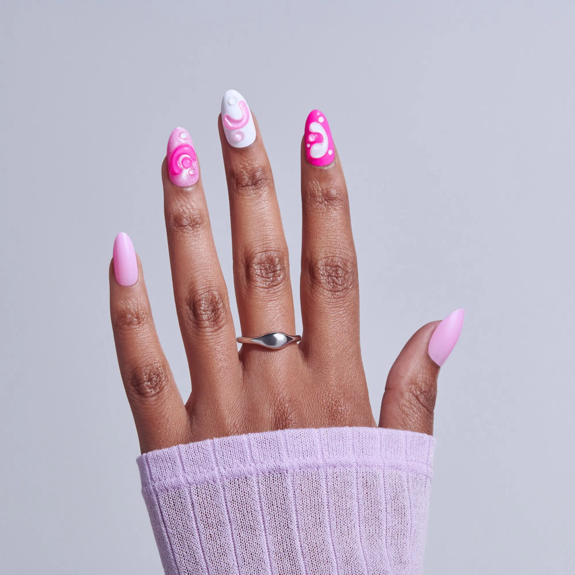 Kiss Nail Drip Press On Fake Glue Nails - Cheerful Meadow | 3D & Jewel Design, Pink, Medium, Almond