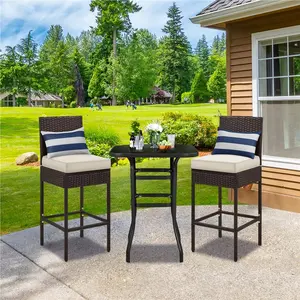 Costoffs Set of 2 Outdoor PE Rattan Bar Stools – Bar Height Chairs with Cushions, Padded Seats, and Footrests in Brown/Beige