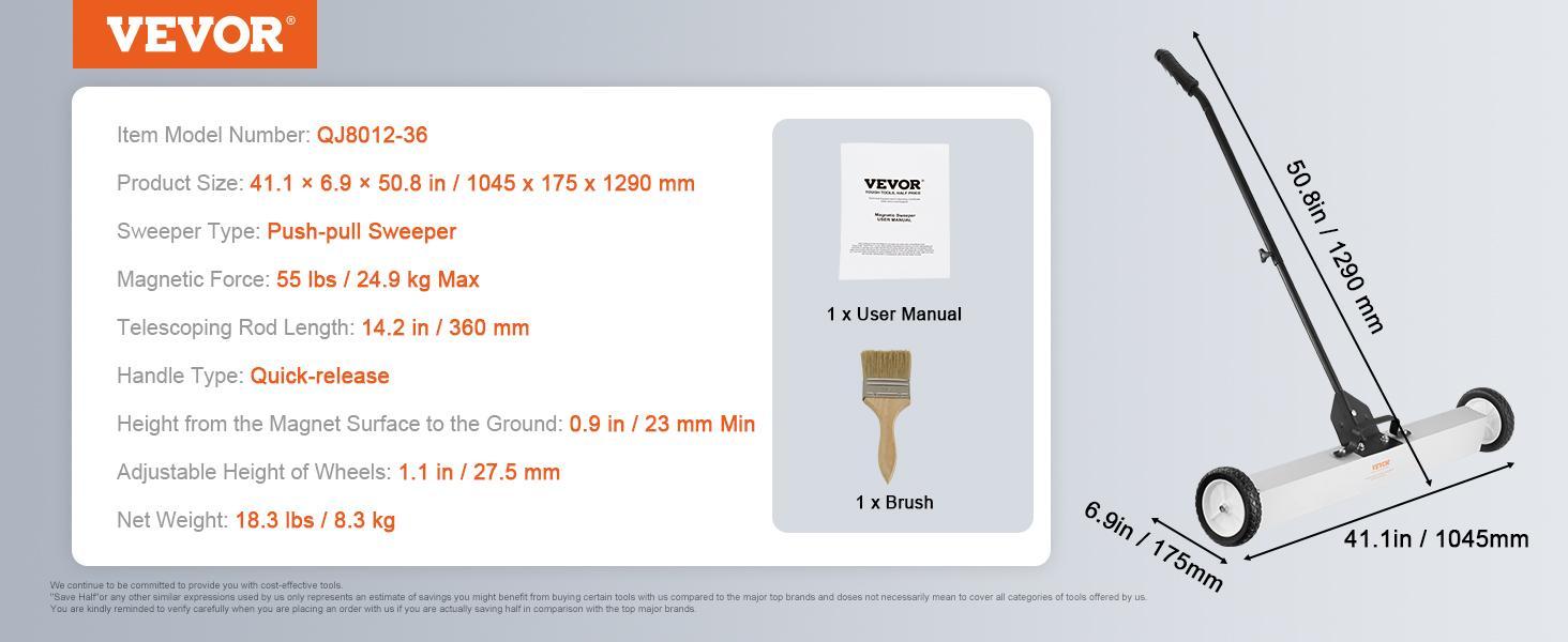 VEVOR 55Lbs Rolling Magnetic Sweeper with Wheels,Push-Type Magnetic Pick Up Sweeper, 24-inch Large Magnet Pickup Lawn Sweeper with Telescoping Handle, Easy Cleanup of Workshop Garage Yard