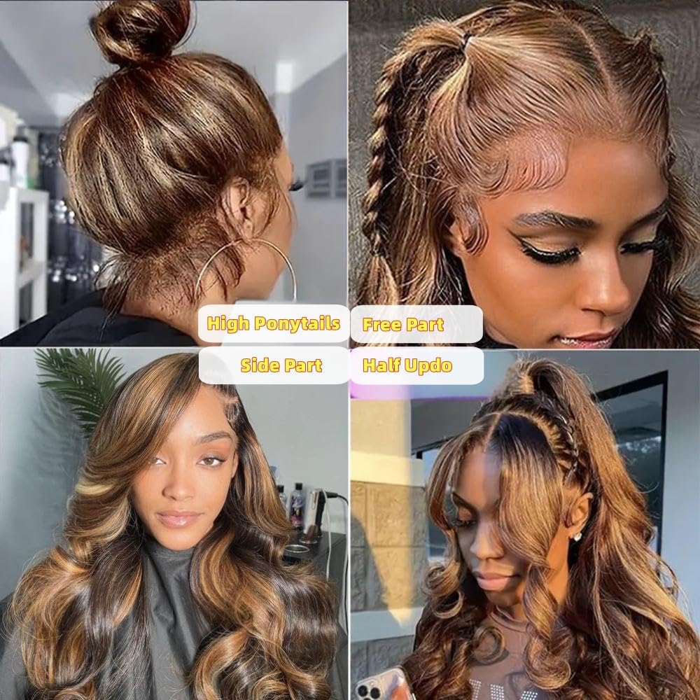 【30"=$107】Redice 360 Lace Front Wigs Human Hair Body Wave Wig Pre Plucked Glueless Wigs for Women Drawstring  Honey Blonde Ombre Frontal HD Lace Wig Human Hair 4/27 & Natural Black 180% Density