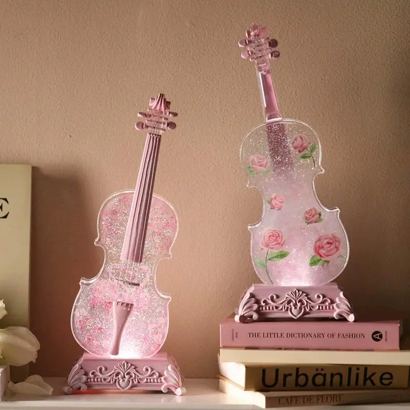 Violin Shaped Artificial Crystal Lamp Music Box with Bluetooth Speaker, Ideal Gift for Home Decor, Tabletop Night Light for Living Room, Mono Audio Output, Rose Pattern, Decorative Atmosphere Lighting