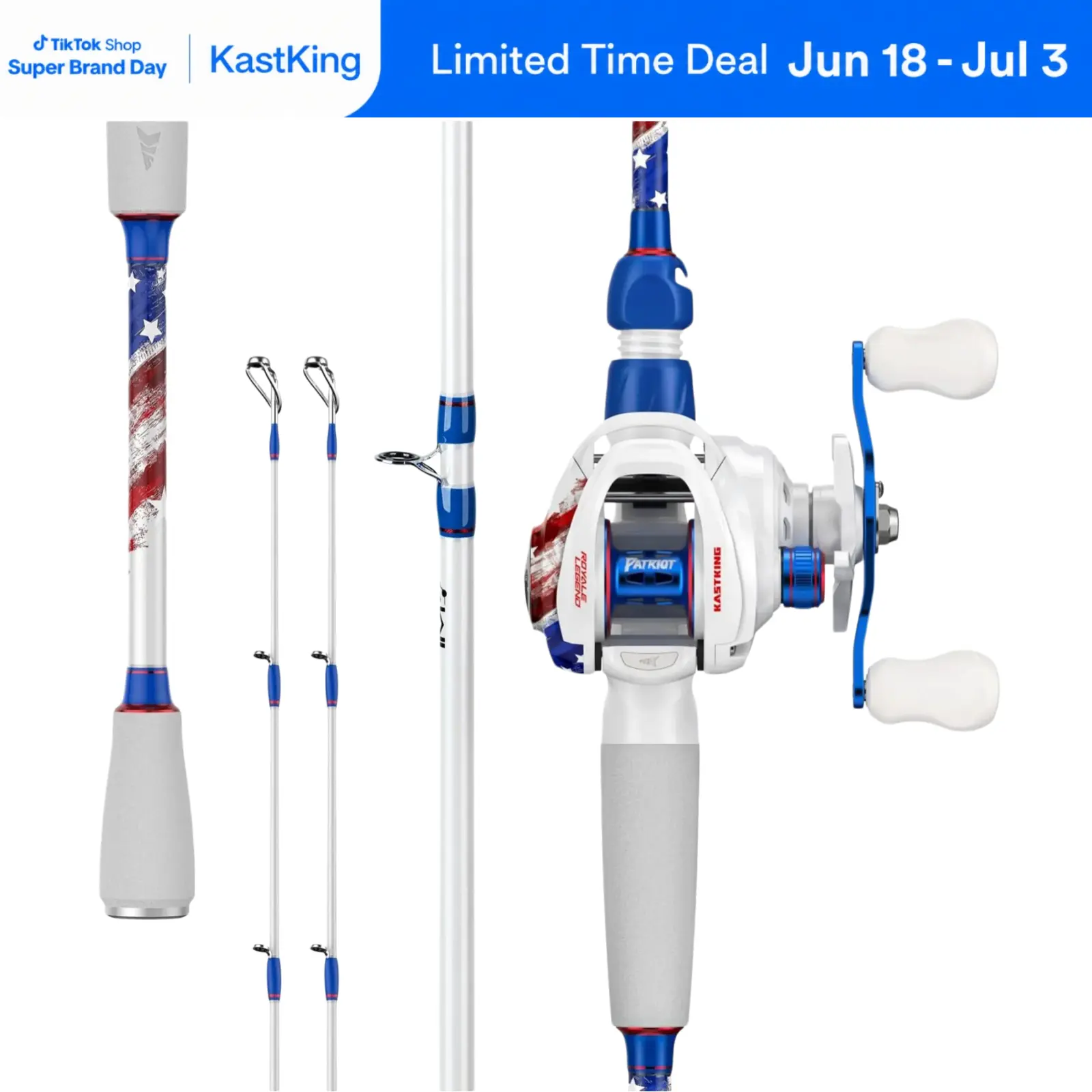 KastKing Patriot Fishing Combo - Special Edition Red White Blue Baitcaster Rod and Reel Combo | 9+1 Bearings Smooth Waterdrop Reel with Dual-Tip Rod