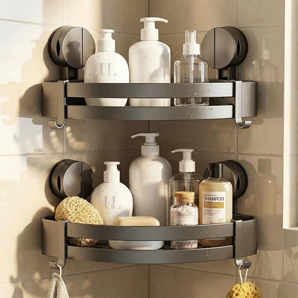 No-Drill Self-Adhesive Aluminum Shower Caddy with 1 Shelf + 2 Hooks, Smooth 1-Touch Installation Design, Durable Water-Draining Bathroom Wall Rack (Includes Scenarios & Installation Steps Reminder, Press Down Firmly Note for Bathroom Upgrade)