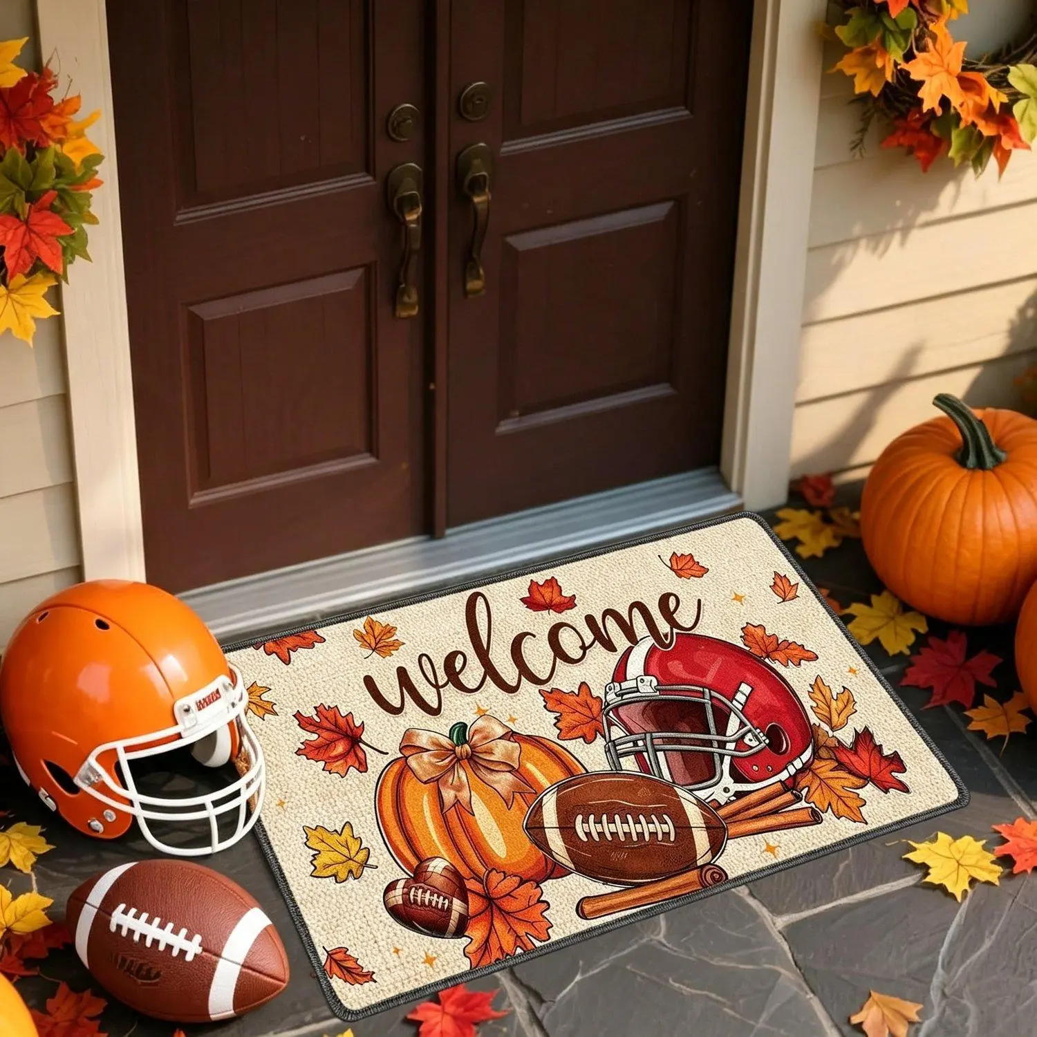 1PCS Fall Door Mat, Fall Welcome Mat Outdoor Non Slip Outdoor Rugs Front Porch, Thanksgiving Autumn Pumpkin Football Door Mat for Home