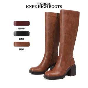 Womens Knee High Boots Square Toe Platform Chunky Block Heels Fashionable Side Zipper Outdoor Club Events Party Office Wide Calf Long Spring Boots Valentine Gifts