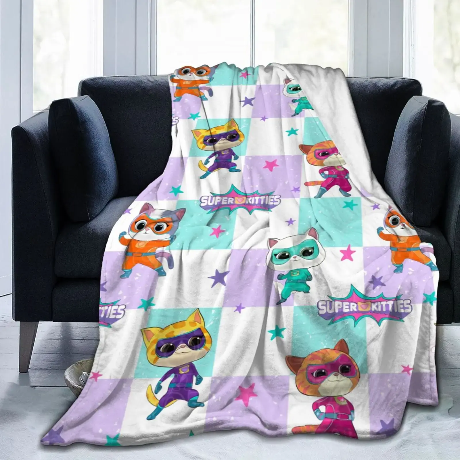 SuperKitties Cartoon Fleece Throw Blanket - Ultra Soft Warm Fleece Fabric, Cozy Look for Sofa Travel, Perfect Gift for Kids into Cartoon Kitties & Kids Fun, Lightweight