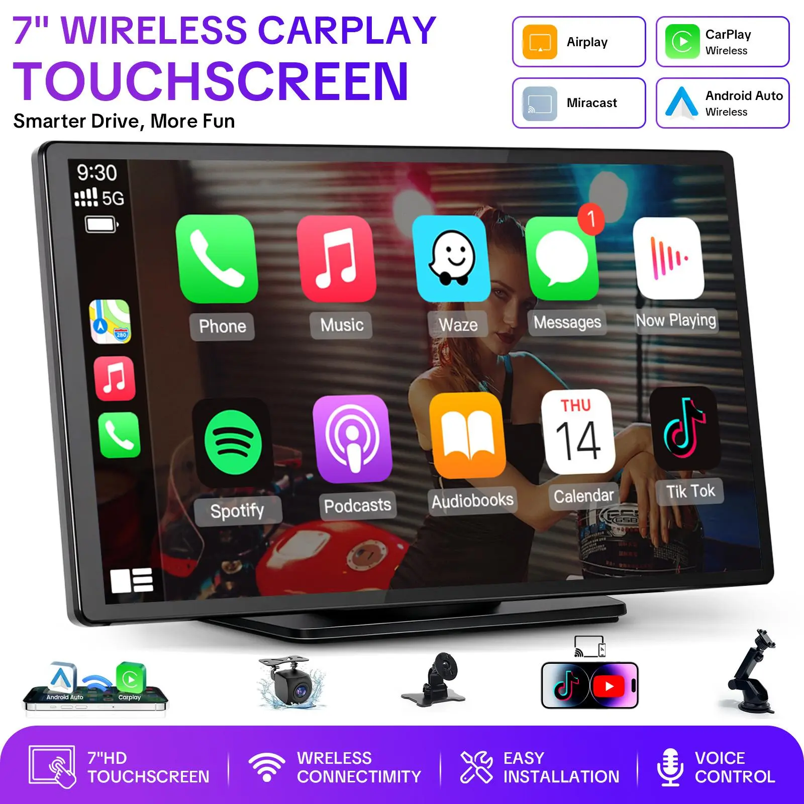 【PASLDA】2026 Upgraded Wireless CarPlay Screen for Andriod & Iphone : The Ultimate Portable Car Play Adapter for Seamless In-Car Entertainment Car Media Player Car Monitor,car accessories