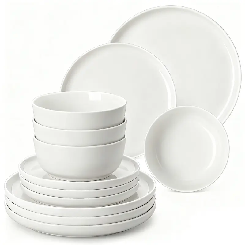 MALACASA MINA Collection Modern Ceramic Tableware Set - 12/16/18/24-Piece Dinner Sets with Scratch-Safe Plates, Lead-Free BPA-Free Porcelain Bowls, 2552°F Durable, Oven-Safe for Dishwasher, Microwave & Daily Meals (18 Pcs-Black Trim Option)