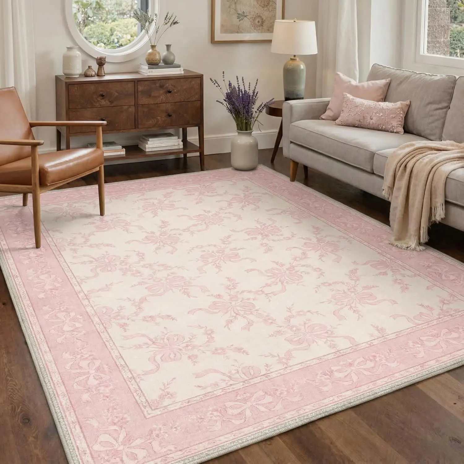 Washable Rug Machine Washable Low Pile Lightweight Non Slip Area Rugs with Floral Bows for Girls Kids Room Playroom Living Room, Bedroom, Dining Room, Flower Bow Dusty Pink