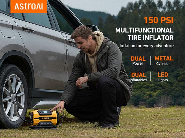 AstroAI Portable Tire Inflator, 150PSI, 12 V DC/120 V AC Dual Power, with Dual Metal Motors & LED Light,Yellow Tool Car Air Compressor AstroAI Portable Tire Inflator, 150PSI, 12 V DC/120 V AC Dual Power, with Dual Metal Motors & LED Light,Yellow Tool Car Air Compressor
