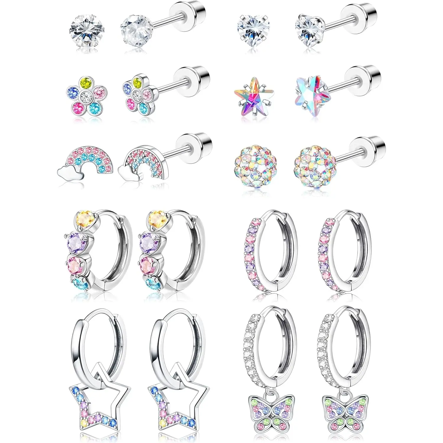 Milacolato Hypoallergenic Surgical Steel Screwback Earrings Set - Multiple Pairs, Cute Dangling Earrings for Women & Sensitive-Eared Kids Toddlers, High Quality Earrings