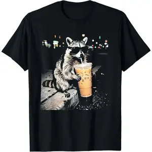 Women's funny raccoon drinking iced coffee Graphic T-Shirt - Short Sleeve Crew Neck Regular Fit Casual Wear | Soft & Breathable Fabric, Durable Print, Everyday Comfort, Machine Washable