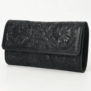 Black Hand Tooled Leather Tri-Fold Wallet - Western Cowgirl Floral Design