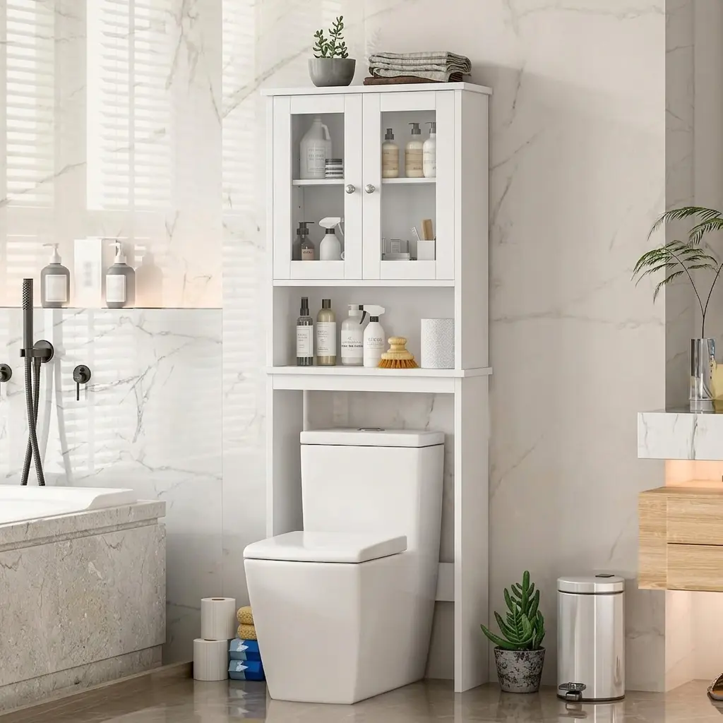 Walsunny Over Toilet Storage Cabinet, Bathroom Shelf Organizer Over Toilet, Washing Machine Box, Space Saver with Adjustable Decorative Racks, White