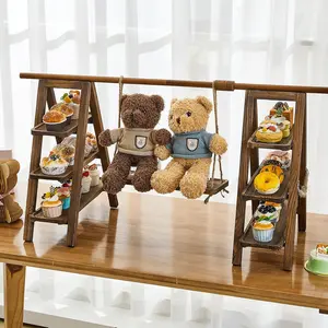 Wooden 3 Tier Swing Cupcake Stand with Serving Platter 20x30 Foldable Ladder Stand Dessert Display Cake Snack Fruit Bread Centerpieces for Party, Birthday, Wedding, Baby Shower(Dark Walnut)