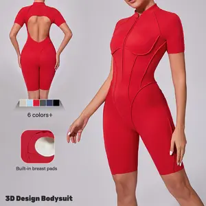 Women’s summer zip-up athletic jumpsuit featuring a curved cut design, open back for breathability, skin-friendly ruched panel at the abdomen, adjustable waist for shaping and lifting the hips—ideal for yoga, fitness, and outdoor leisure activities