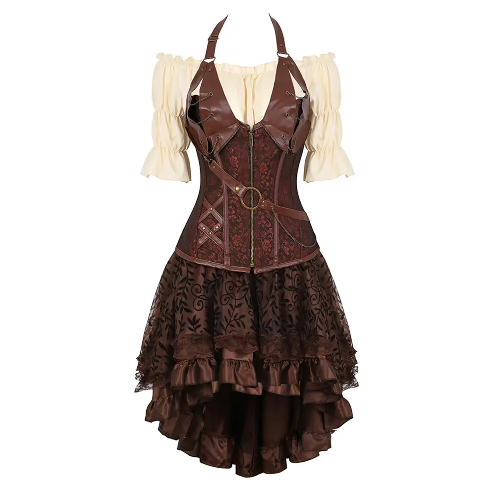 Women's Vintage Elegant Steampunk Leather Corset Outfit - Polyester Clothes with Renaissance Puff-Sleeve Blouse, Gothic Lace Tiered Skirt, Zipper - Pirate Costume for Halloween Cosplay