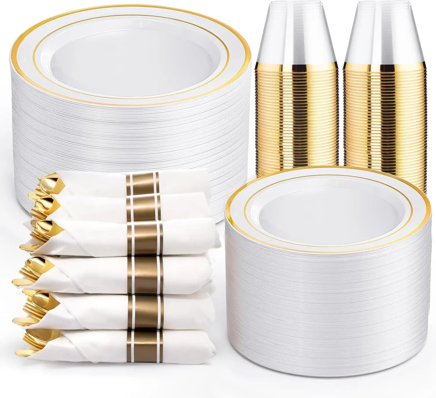 White Gold Rim Disposable Plastic Dinnerware Set Serves  30/50 Guests, Includes Plates, Gold Cutlery, Cups and Napkins for Wedding Birthday Party
