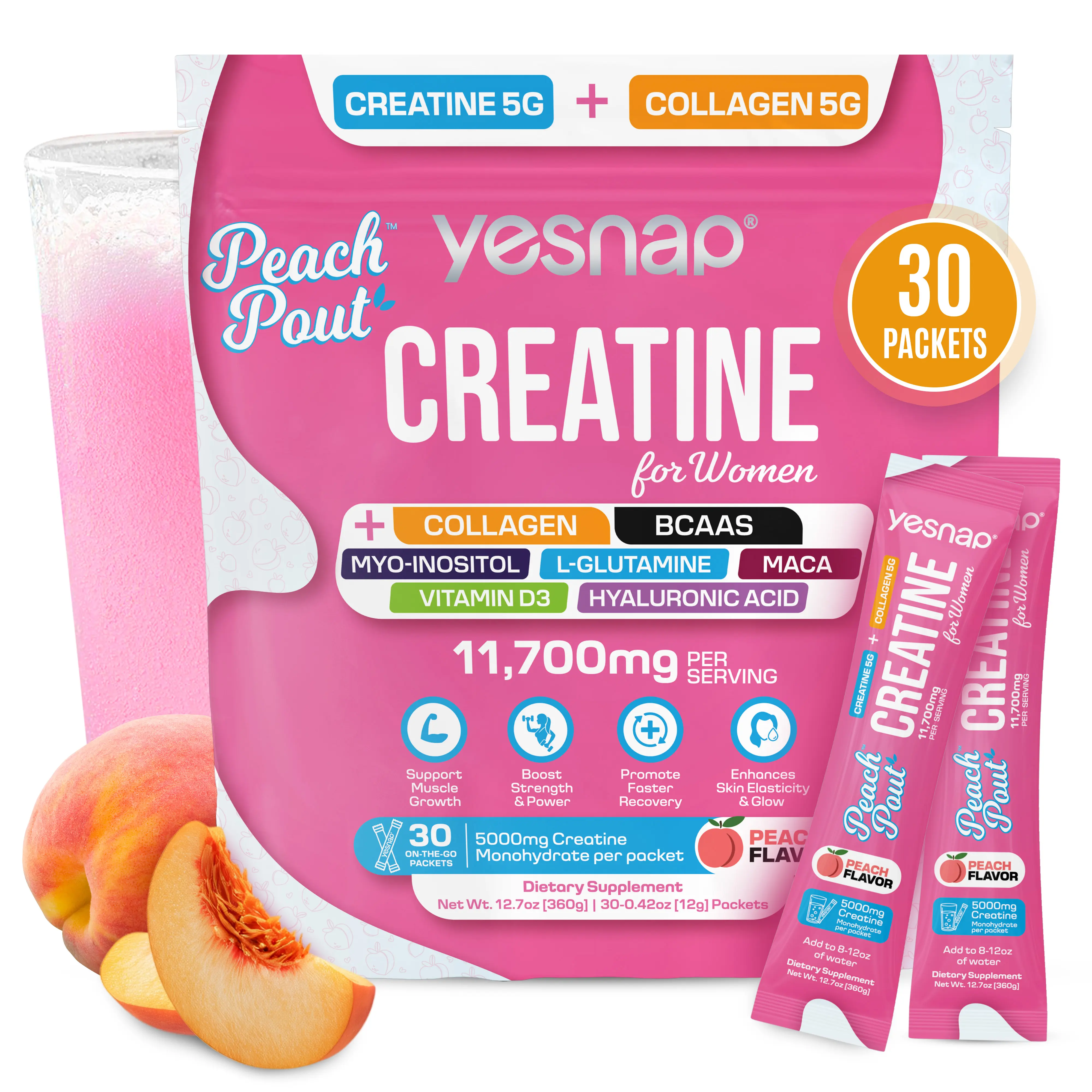 YESNAP PeachPout Creatine for Women, 5g Creatine Monohydrate + 5g Collagen Powder, Myo-Inositol & BCAA, MACA, Hyaluronic Acid, Delicious Peach Flavor, 30 Packets, All-in-One Women Wellness Supplement