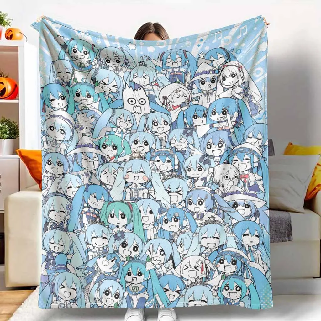 Cute Anime Miku Theme Flannel Fabric Blanket, Ultra-Soft Lightweight Plush Throw, Multi-Size, Warm Breathable Bedding for Home & Travel, Cozy Gift for Living Room Office Use
