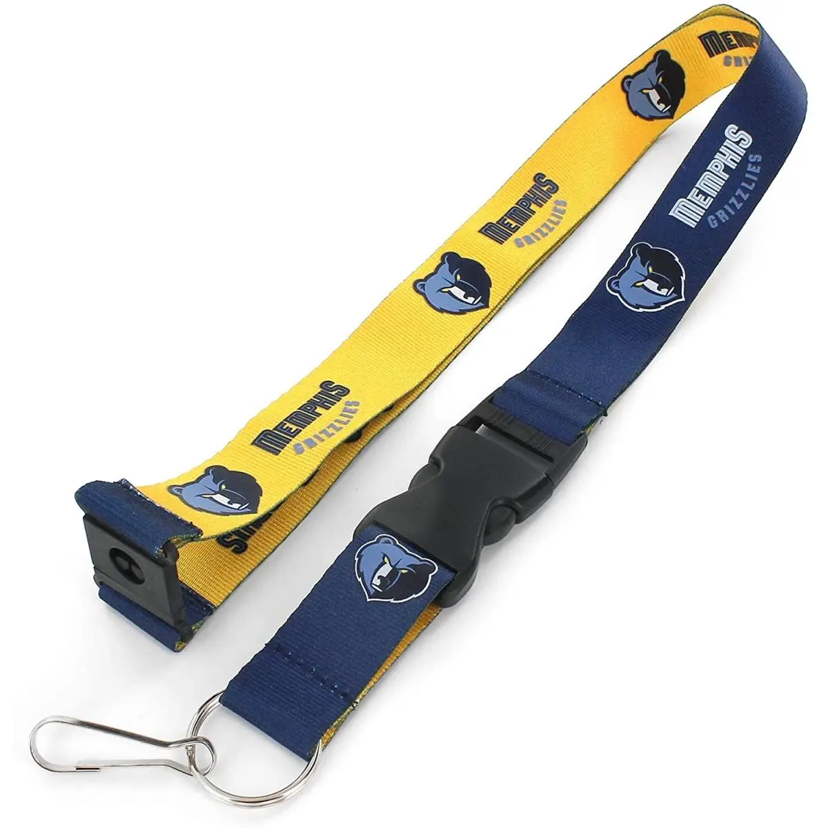 Aminco Memphis Grizzlies Reversible Lanyard (6326481290) - Blue & Yellow, Quick Release, Buckle, Detachable Split Key Ring, for Keychains & Office Identification Badge Supplies, Great Way to Organize Keys, Double-Sided Logos