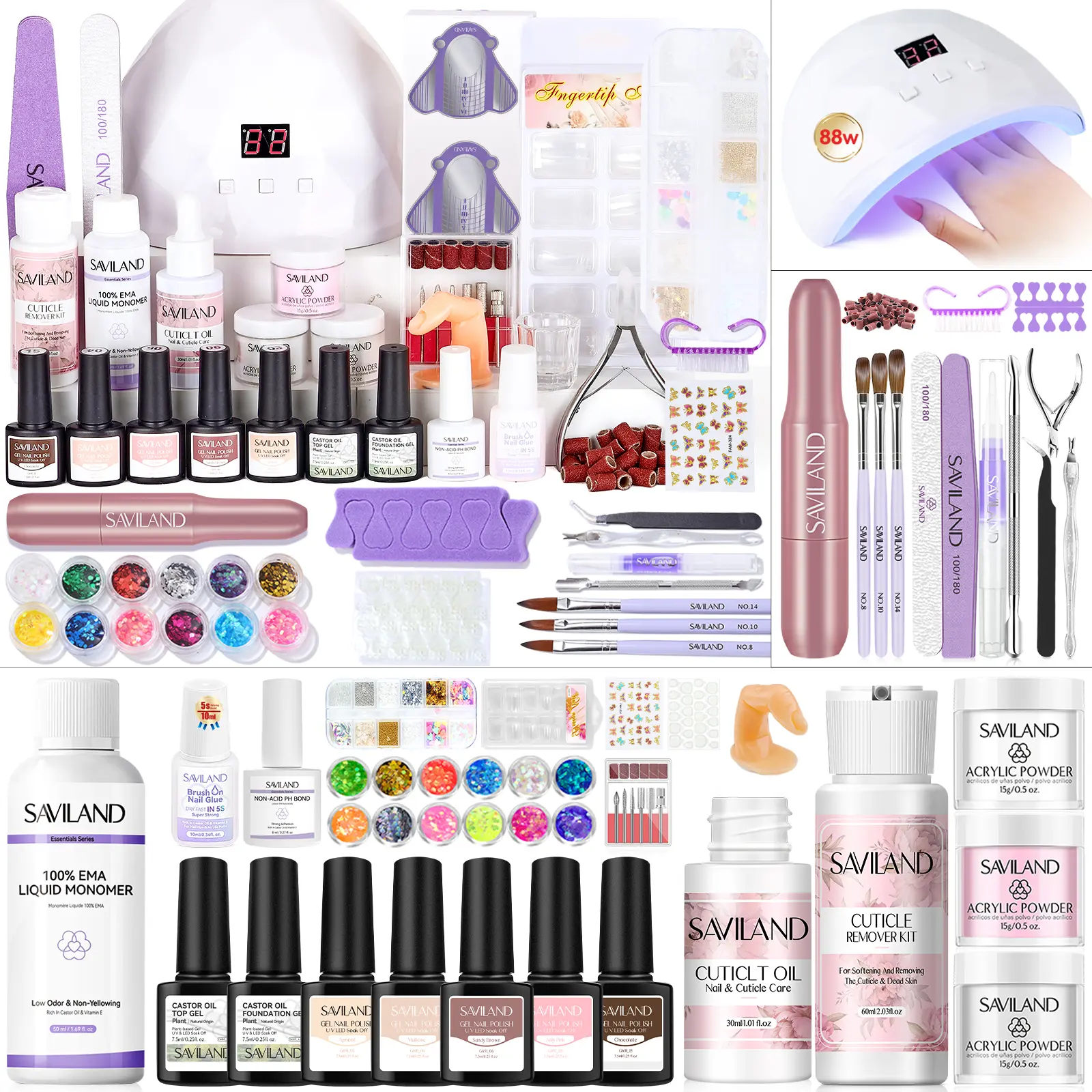 SAVILAND All-in-One Acrylic Nail Kit with Drill: Beginner Nail Starter Kit with Clear, White & Pink Acrylic Powder, Liquid Set, 88W Nail Lamp and Gel Nail Polish for Home DIY