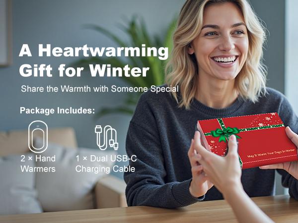 Fussion AI 2-pack rechargeable hand warmers, includes a greeting card, 6400mAh battery, 3 temperature settings, rapid heating, portable design, 10-hour battery life, suitable for outdoor activities such as skiing, hunting, golf, and camping.