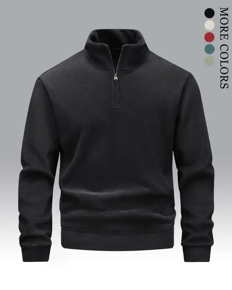 Men's German Plain Long-Sleeve Fleece Quarter-Zip Pullover - Stand Collar Cotton Layer Jacket for Gym, Hiking