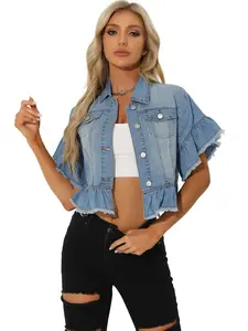 INSPIRE CHIC Button Down Ruffled Short Sleeve Lightweight Peplum Hem Jean Denim Jacket