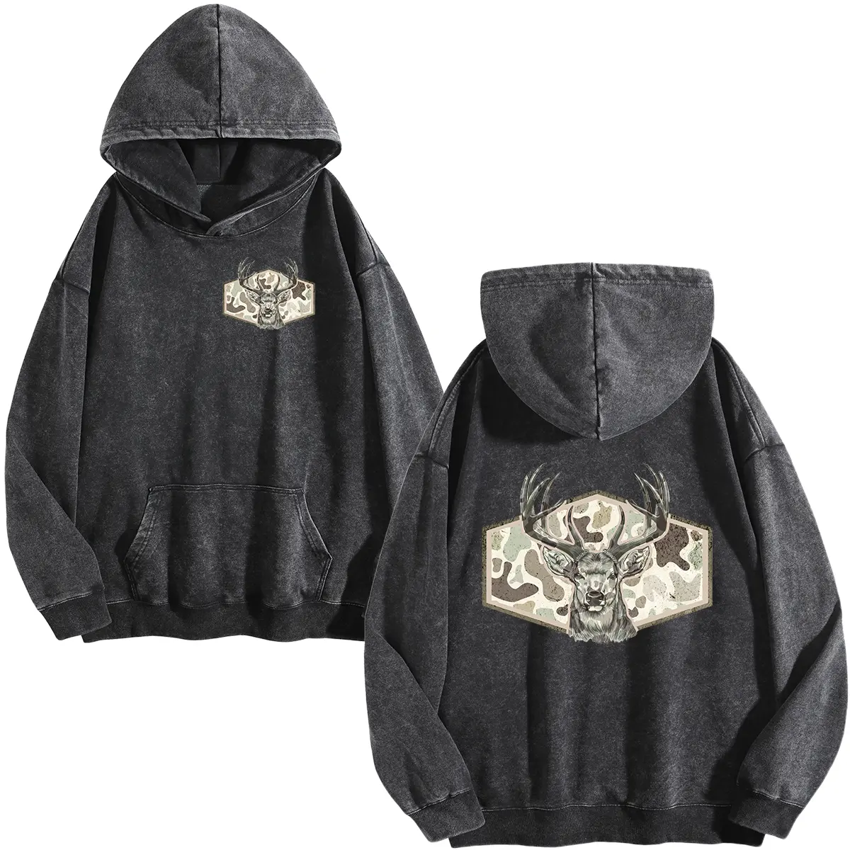 Holafish Women's Deer Print Acid Wash Hoodie Vintage Sweatshirt Oversized Loose Fit Winter Warm Streetwear Casual Tunic