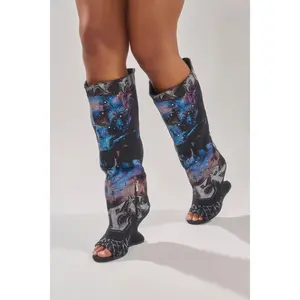 AKIRA GOLD NINE LIVES GRAPHIC OPEN TOE WEDGE BOOT