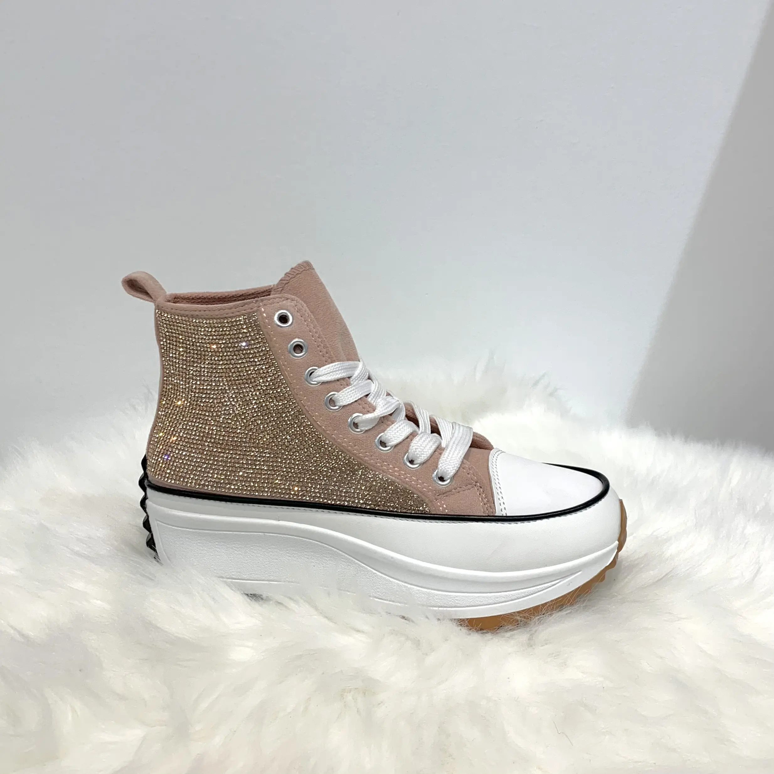 Women's Bedazzled Bling Rhinestone High-Top Platform Heel Lace-Up Casual Trainers - Microfiber Insole Sneakers for Training, Walking, Bling Casual Trainers, High-Top Casual Trainers