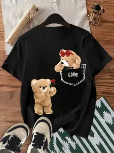 Women's Gray Teddy Bear Print Pocket T-Shirt: Cotton cute pink bear bow tie pocket design short sleeve crewneck summer casual top, stretch fitness party wear, machine washable;