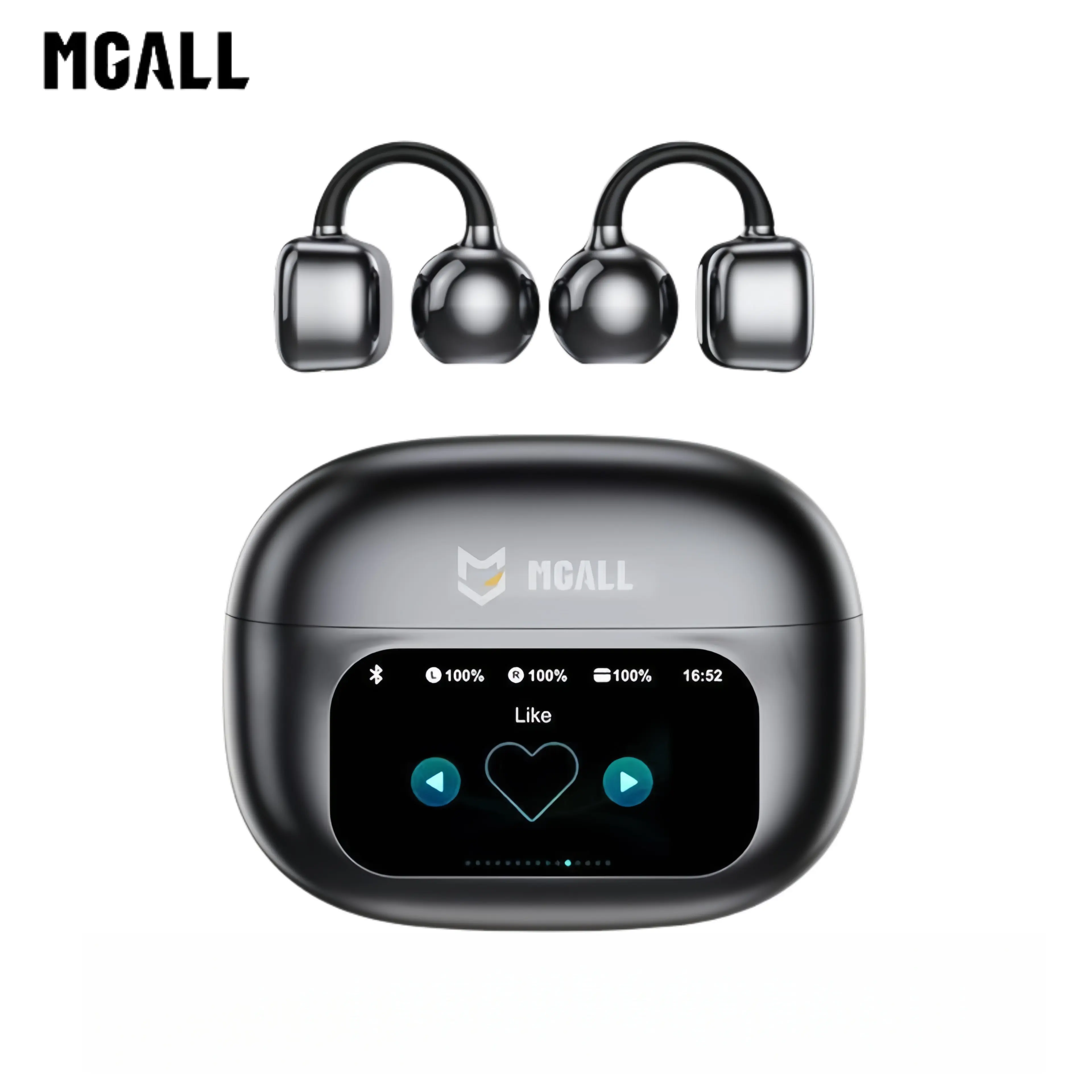 MGALL C02 Clip-On Ear Headphones - LCD Full Color Touch Screen, Bluetooth 6.0 for Faster Stable Connection & Less Power Drain, Wireless Mobile Headset for Music, Phone Calls, Android & iOS Compatibility