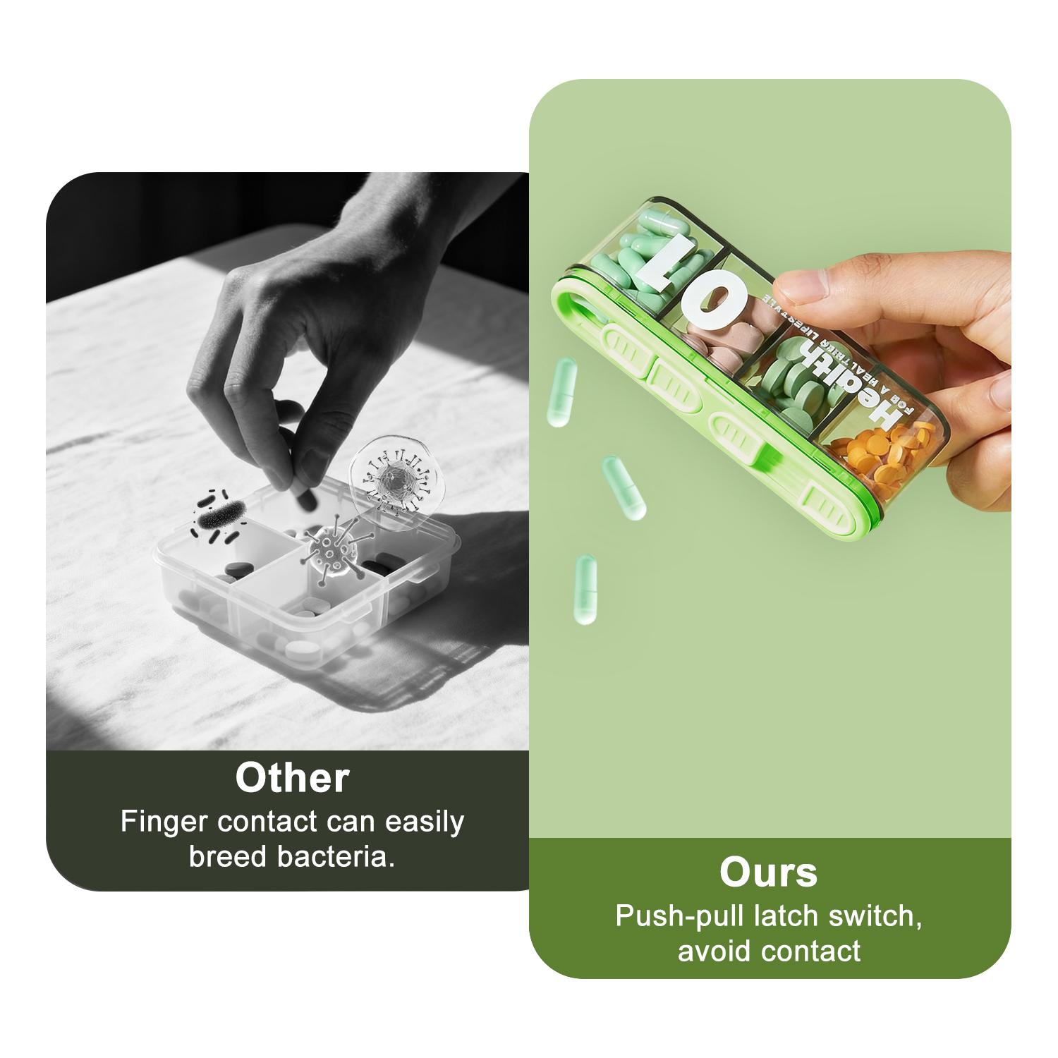 4PCS Pill Organizer, BPA Free Travel Pill Box Case with Wide Open Design and 4 Compartment to Hold Vitamins, Cod Liver Oil, Supplements and Medication