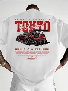 Men's Regular Fit Car & Letter Print Round Neck Tee, Street Fashion Casual Short Sleeve T-shirt for Daily Wear, Men's Top for All Seasons, Tropical, Streetwear.