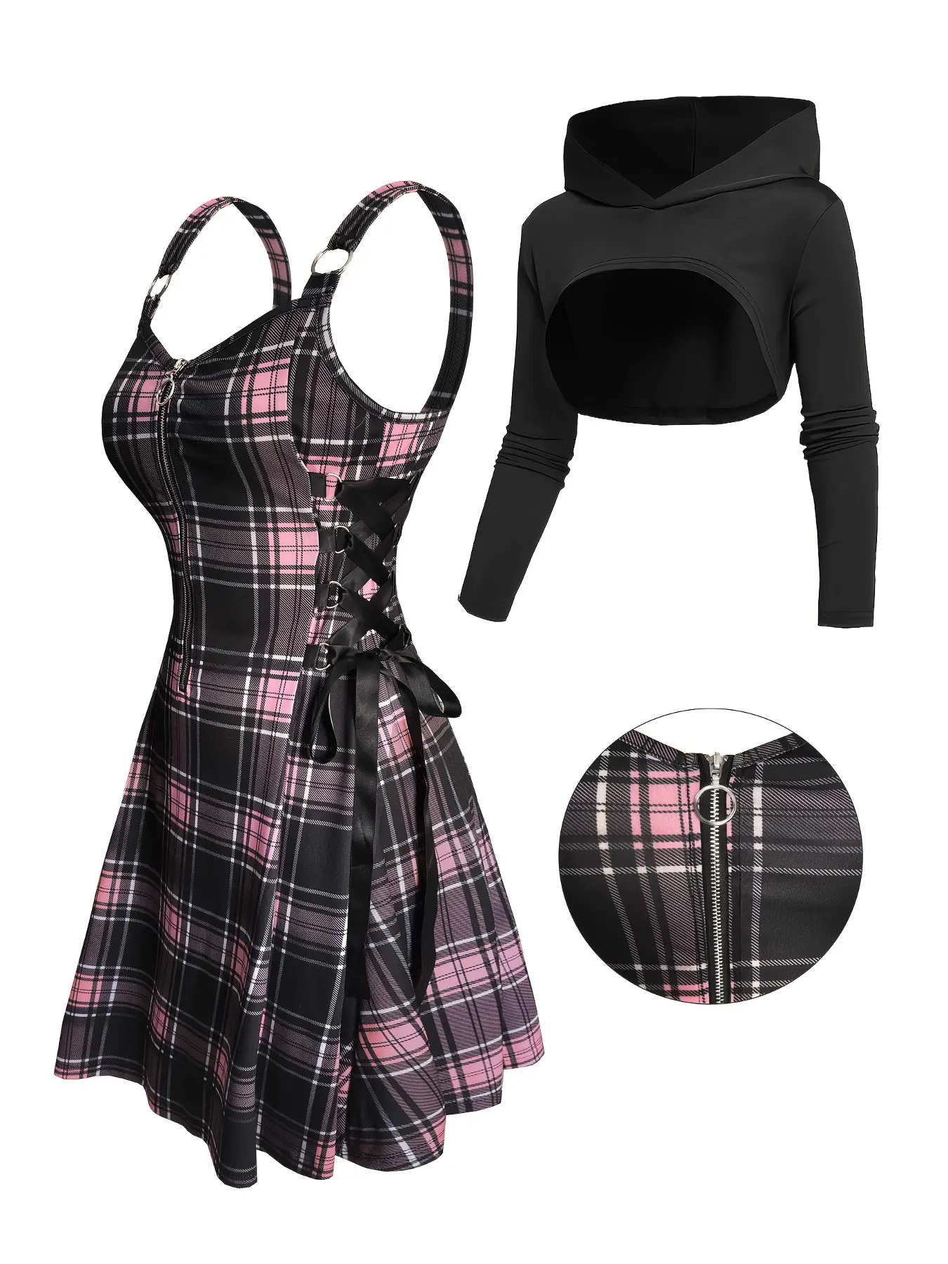 Gothic Print Plaid V-Neck Dress Set, Long Sleeve Hooded Top, Punk Style Women's Fashion, Streetwear for Autumn Winter, Casual Two-Piece Set, Casual Chic Dress