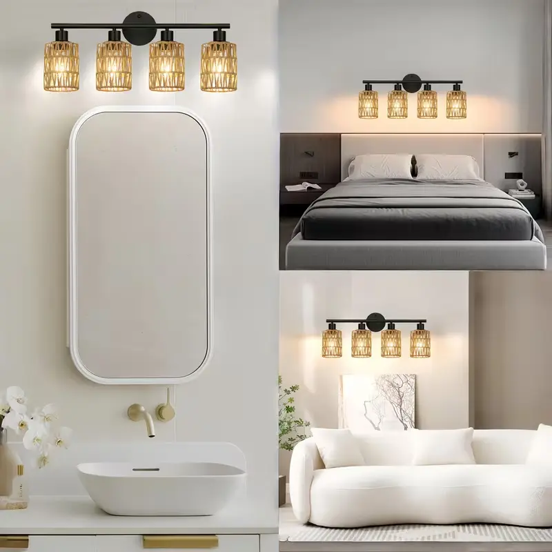Modern Bohemian Rattan Vanity Wall Light 4-Light Set with Woven Rattan Lampshade Metal Finish Moisture-Resistant Rustproof Semi-Recessed Design E26 Bulbs Bulb-Included Bulb-Free Options lights lamp lights for bedroom lamps for bedroom tiktokshopspringglow