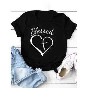Blessed Heart & Cross Print T-Shirt, Crew Neck Short Sleeve T-Shirt For Valentine'S Day Gifts, Women'S Clothing summervibes,