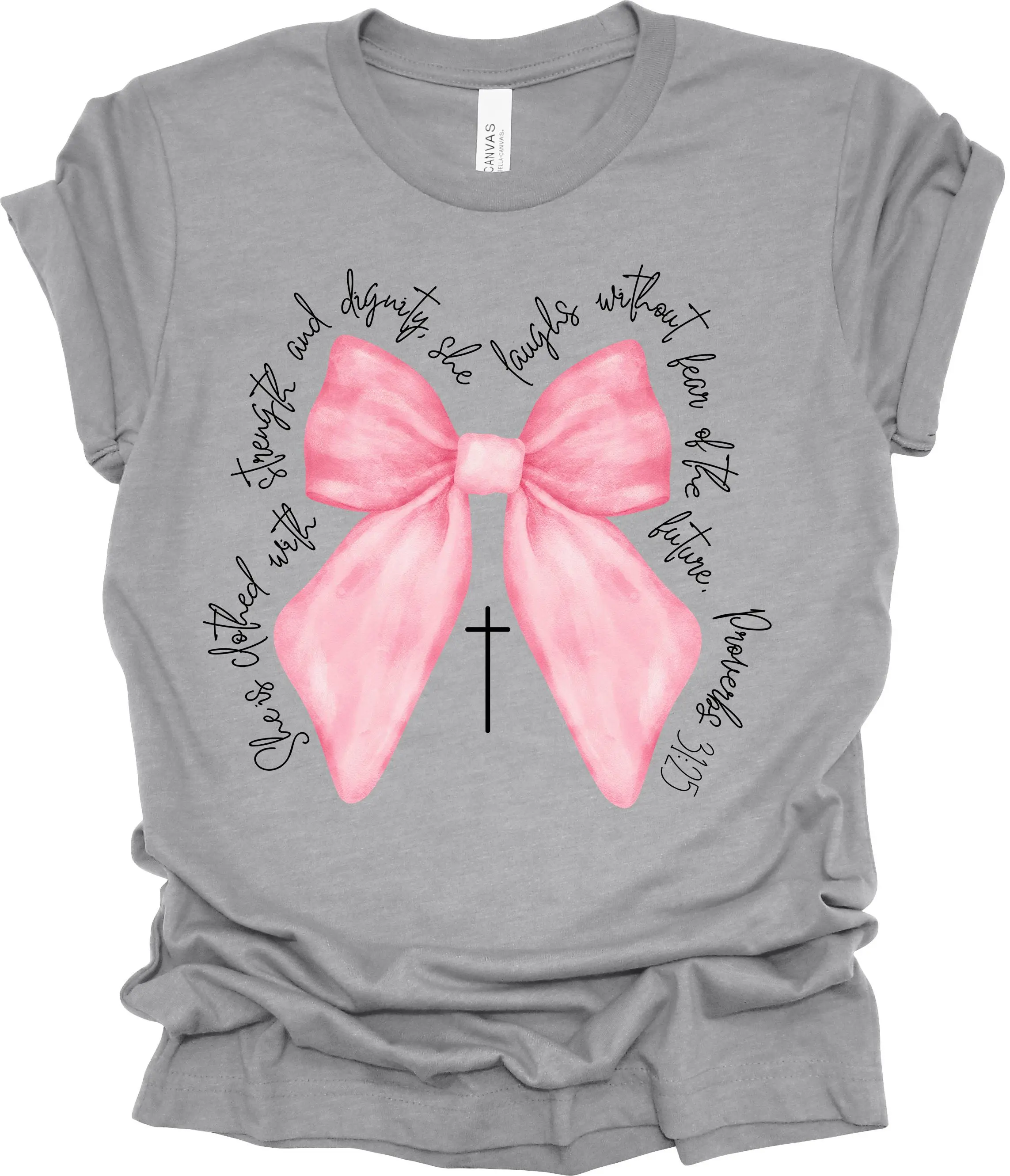 TRENZ SHIRT COMPANY Women's Coquette Christian Bow Graphic T-Shirt, Proverbs 31:25 Inspirational Message, Soft Fabric Short Sleeve Style, Tshirt, Tee