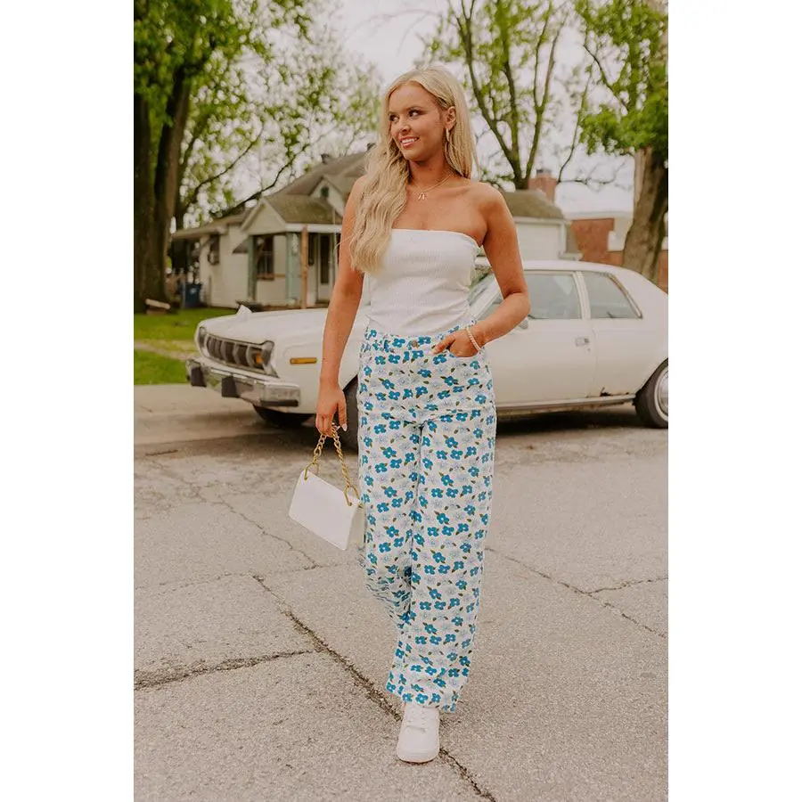 The Poppy High Waist Floral Wide Leg Pants in Blue