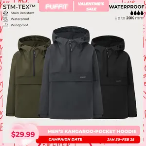 PUFFIT STM-TEX Men's Hooded Rain Jacket  High-density, High-twist Fabric, Offering Waterproof, Stain-resistant, Windproof Properties,Zippered Side Pockets On Both Sides,Shell Jacket,Ski Jacket,Spring