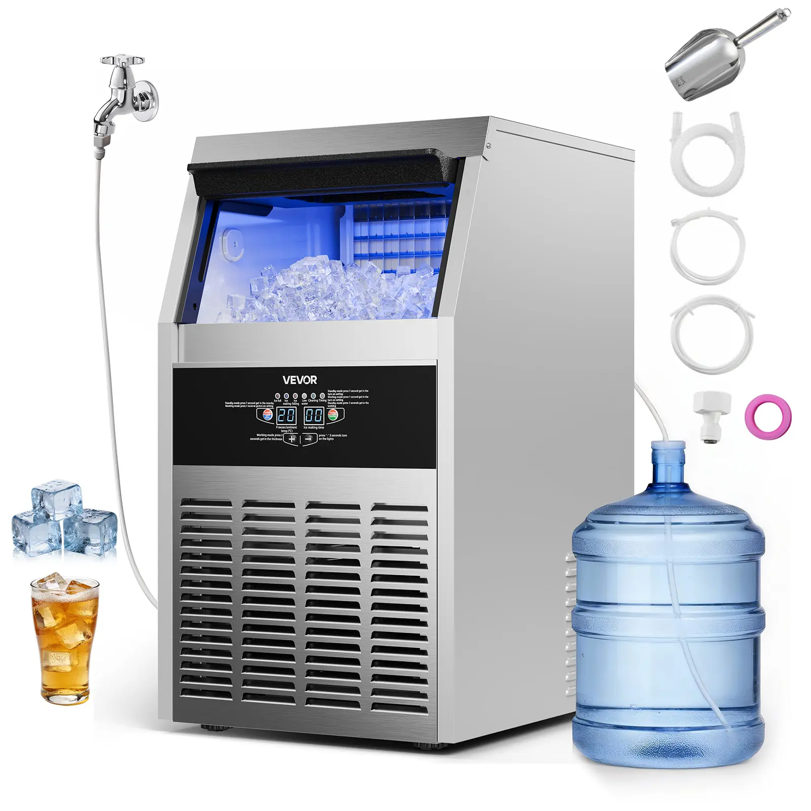 【Summerfinds】VEVOR Commercial Ice Maker Machine, 150 lbs/24h with 30 lbs Storage Capacity, Built-in/Freestanding/Under Counter, Stainless Steel Ice Maker with LED Display & Self-Cleaning, for Home Bar Restaurant