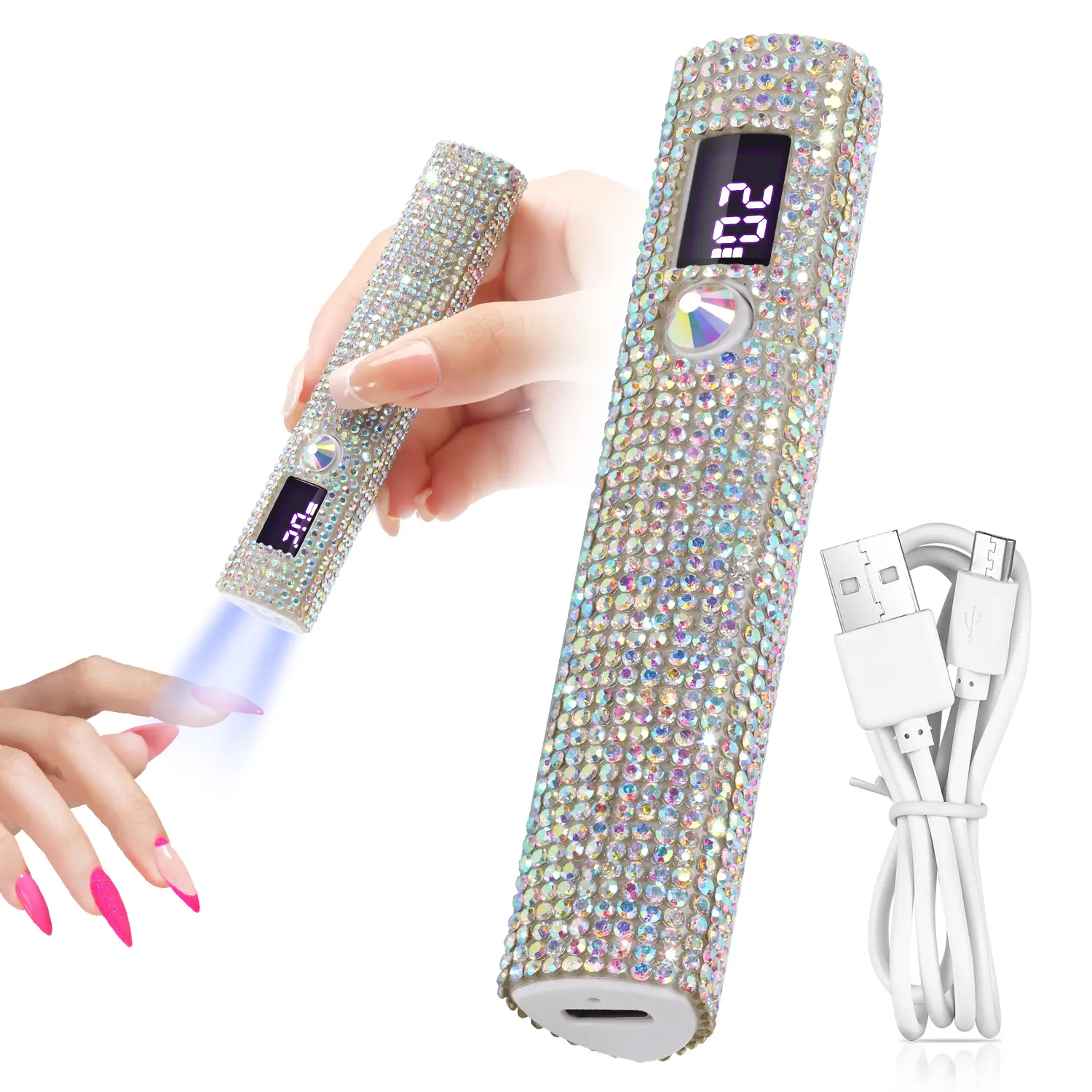 Luxury Compact Portable UV LED Nail Lamp - USB Rechargeable 200mAh Battery Quick-Dry Gel Polish Dryer for Nail Extension, Sparkling Rhinestone Design, Ideal for Manicure & Pedicure, Valentine's Gift, Single Item, Salon, Led Light, Nails Supplies