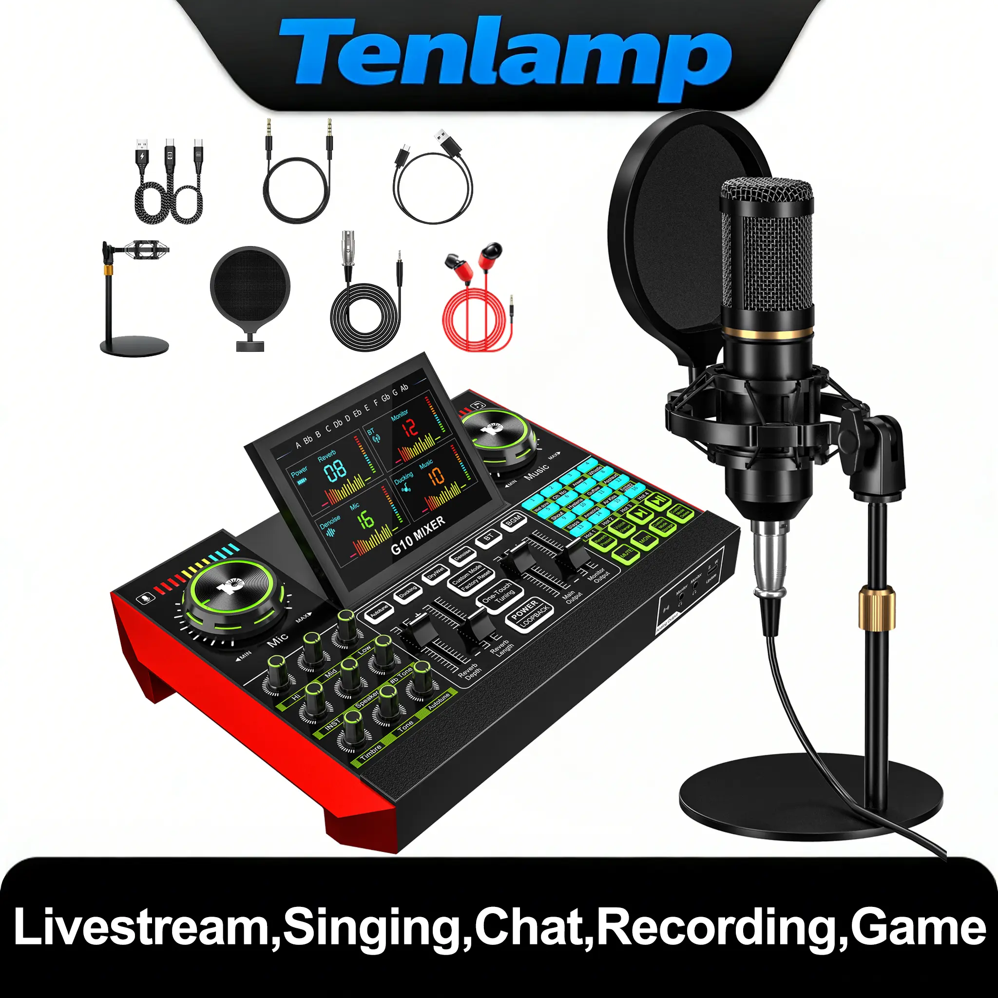 Tenlamp G10+Bm800 Plug-and-Play Podcast Studio Kit - LCD Adjustable Vocal Mixer Device with USB Port, Wired Microphone, Headphones, Microphone Stand, for Live Streaming, Recording, Compatible with Smartphones & Computers, Manufacturer Warranty