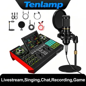 Tenlamp G10+Bm800 Plug-and-Play Podcast Studio Kit, including a vocal mixer, wired microphone, headphones, and microphone stand, suitable for live streaming, recording, gaming voice chat, smartphones and computers, and voice-enabledaudio mixers.