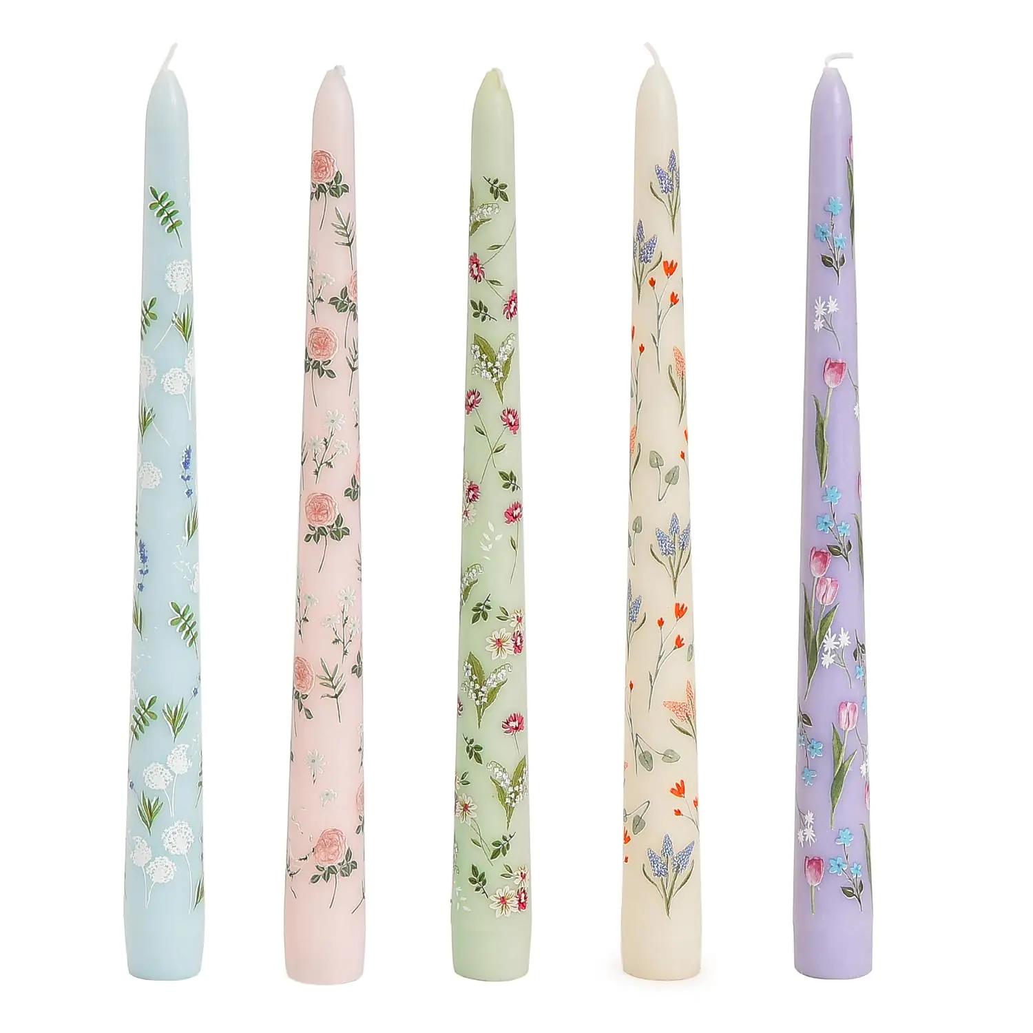 Sungmor Decorative Floral Taper Candlesticks - 10 in Scented Colored Candles with 5-Color Decal Craft, Smokeless Long-Lasting Home Decor Supplies, Shelf Accents for Holiday Parties, Party