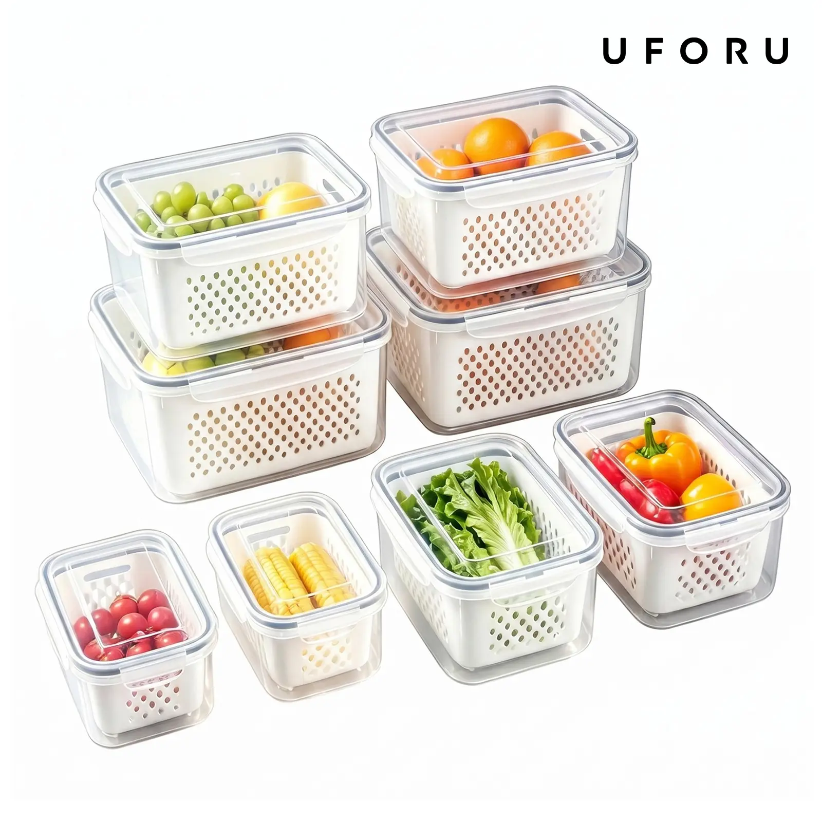 UFORU 4 Pack Fridge Organizers and Storage - Stackable Fruit Storage Containers for Fridge with Removable Colander, BPA-Free Food Storage Container for Salad Berry Lettuce Vegetables Meat Keeper Fresh#SummerWins#DFYD